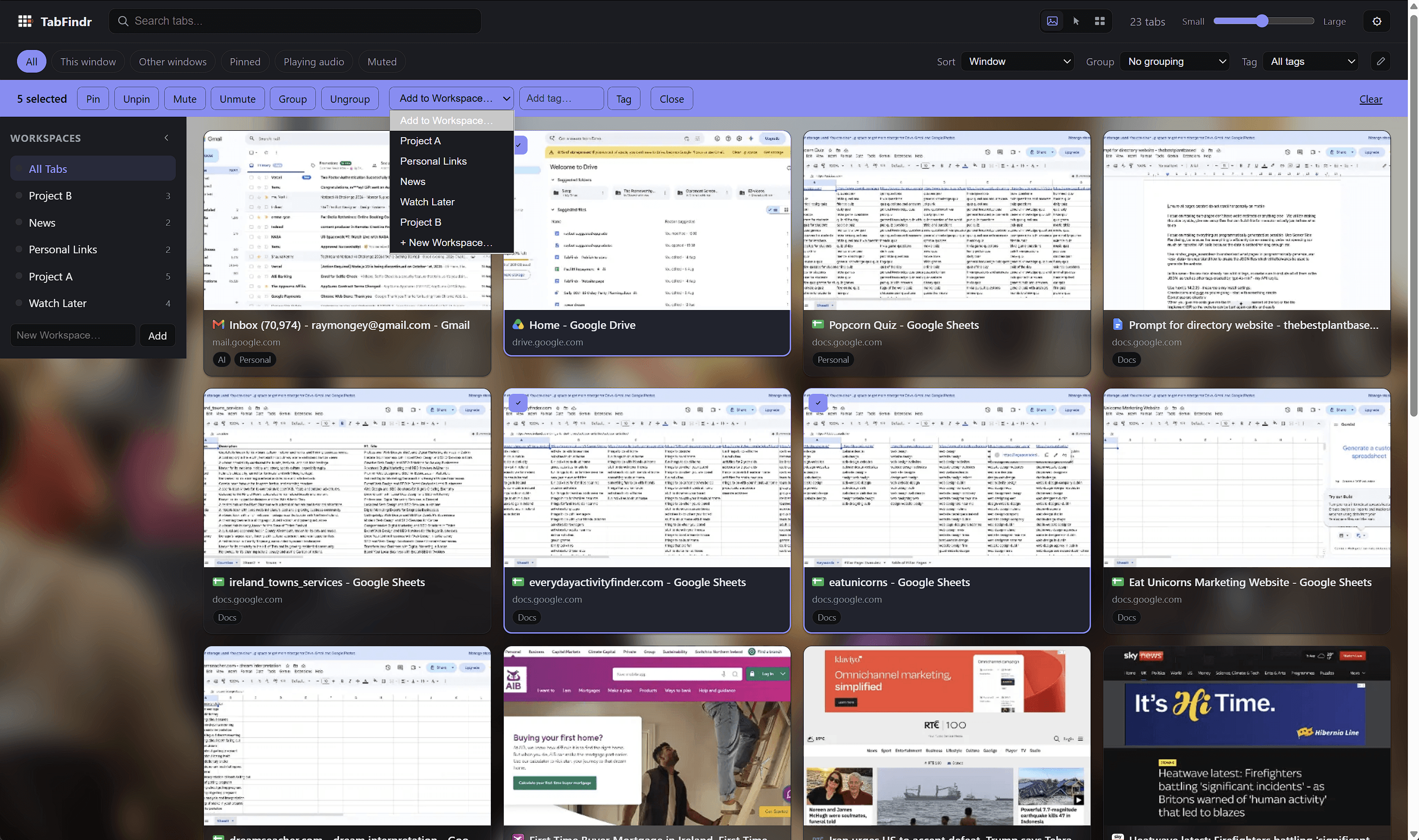 Five TabFindr tabs selected at once with a sticky toolbar for pinning, grouping, adding to a Workspace, tagging or closing them together