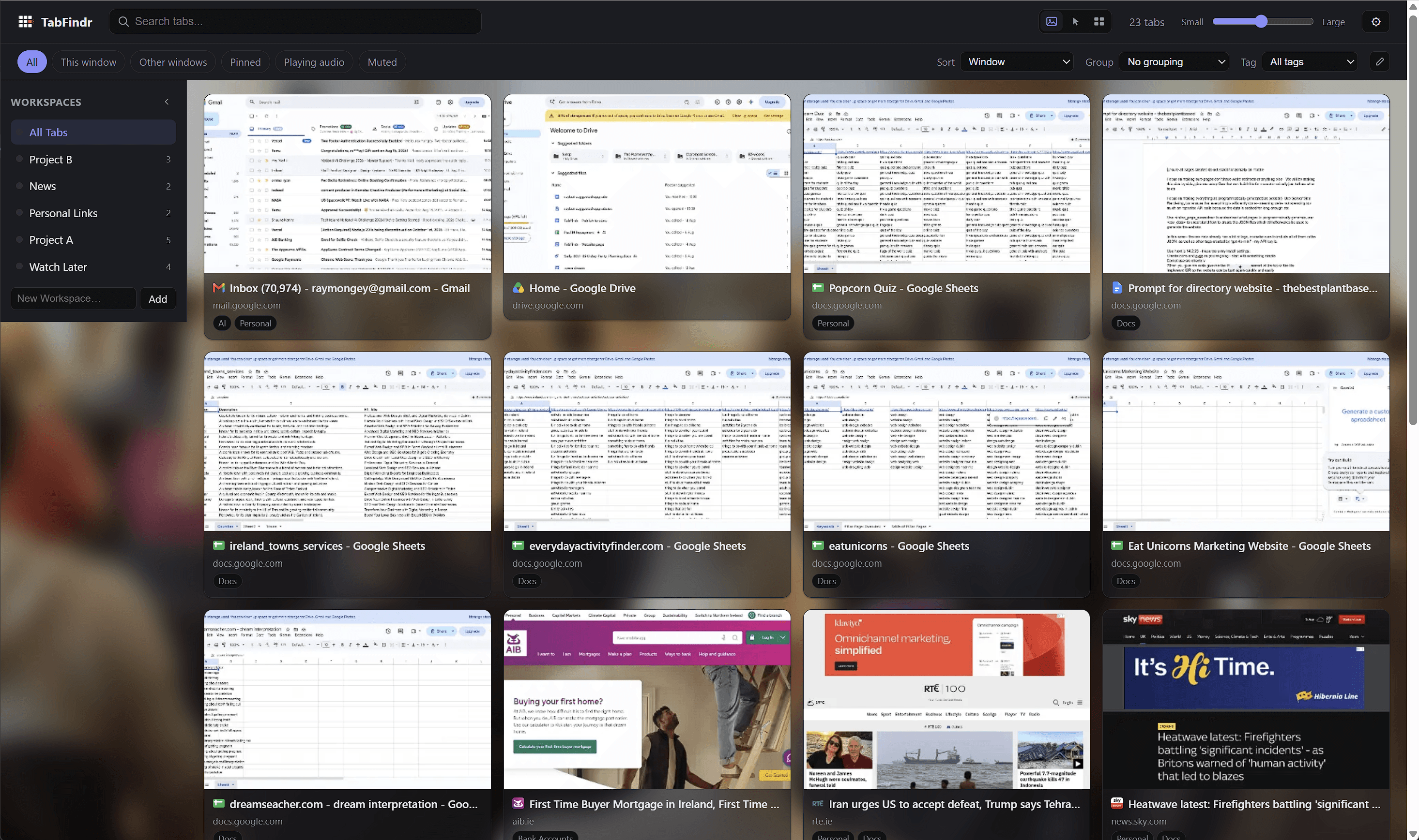 TabFindr dashboard showing dozens of open Chrome tabs as visual thumbnail cards, with Workspaces sidebar, search bar and zoom control