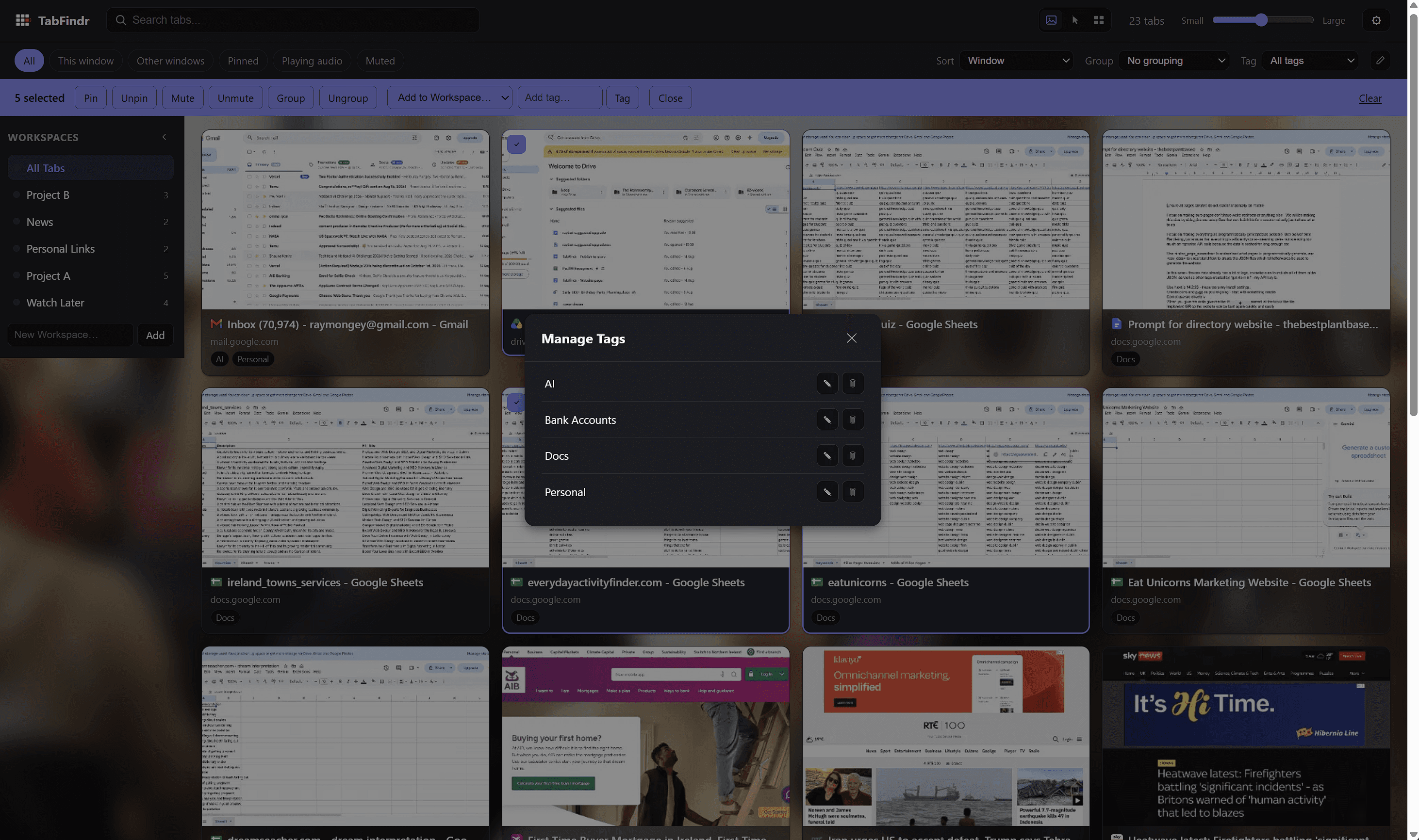 TabFindr Manage Tags panel listing existing Tags with edit and delete controls