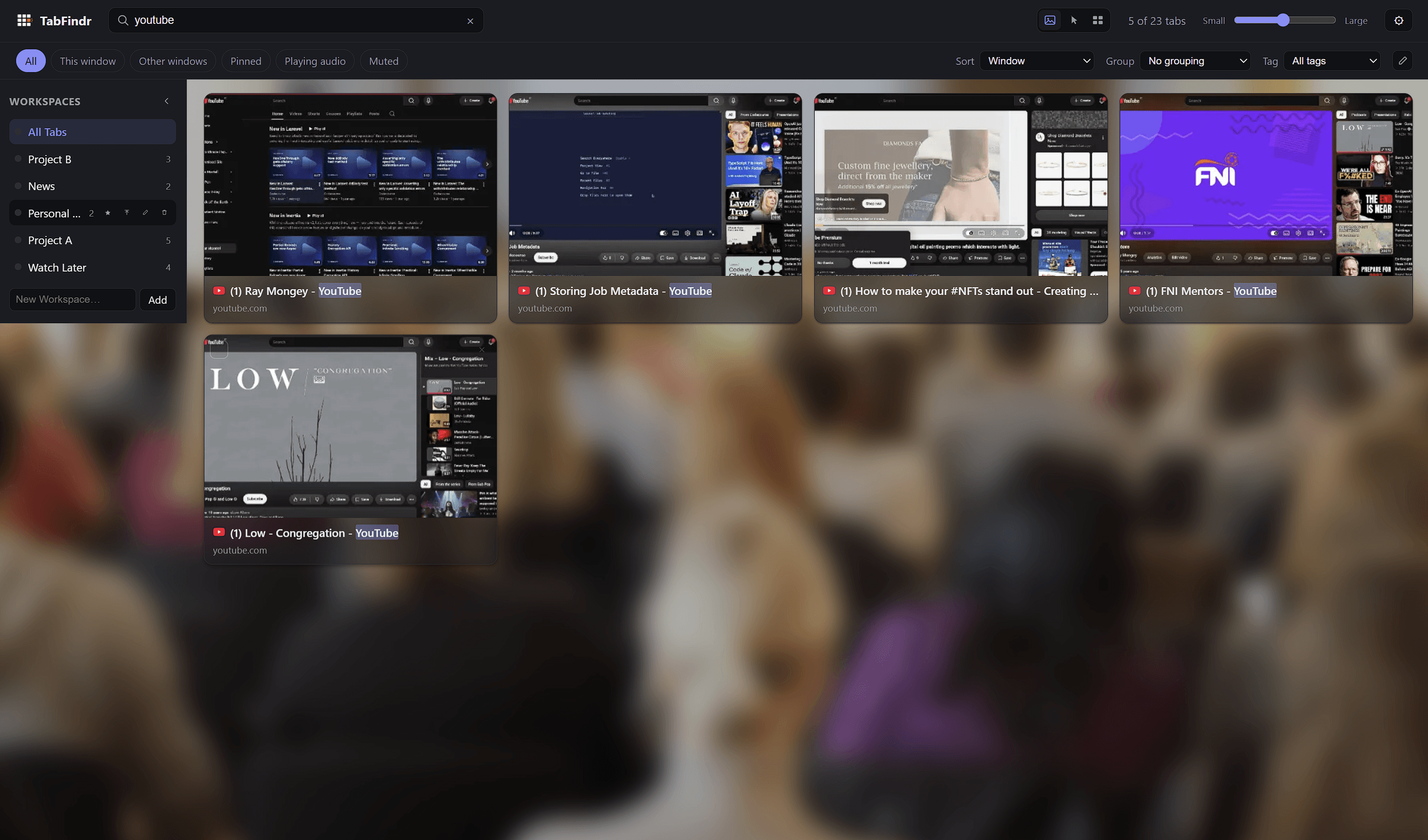 TabFindr search box filtering to 5 of 23 tabs matching the term "youtube"
