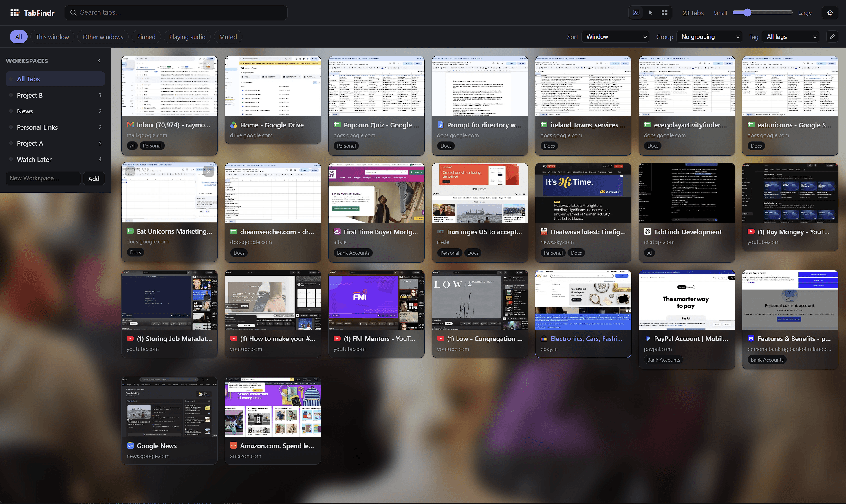 TabFindr zoomed out to a dense grid showing 23 open tabs at once using the size slider
